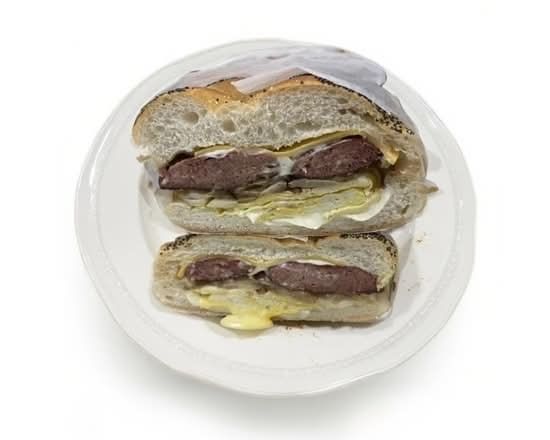 EL DIABLO ( Spicy Beef Sausage Eggs N,Cheese) on a Roll.