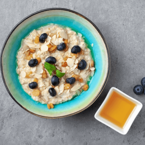 Oatmeal, Maple Syrup, Granola and Raisins.