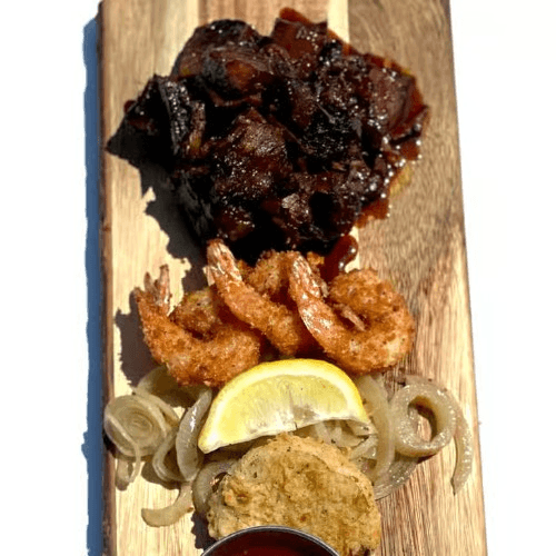 Fried Shrimp & Burnt Ends.