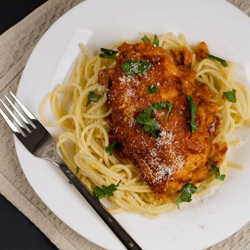 Chicken Parmesan with Spaghetti.