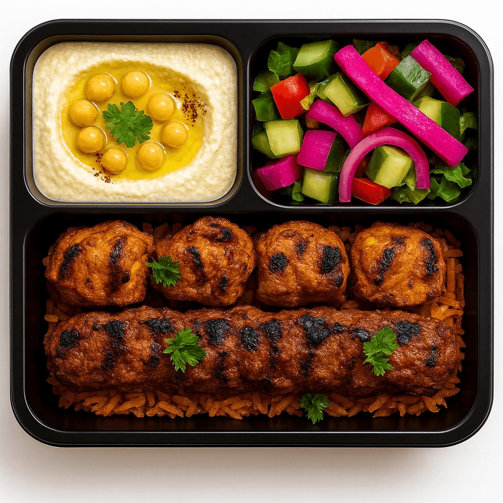 Half Egyptian Kofta Kabob / Half Chicken Kabob.