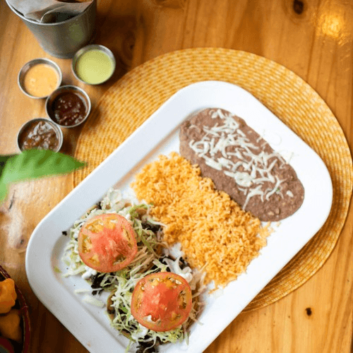 Tacos Tex-Mex, Rice, Beans and a Soft Drink (2 Tacos)