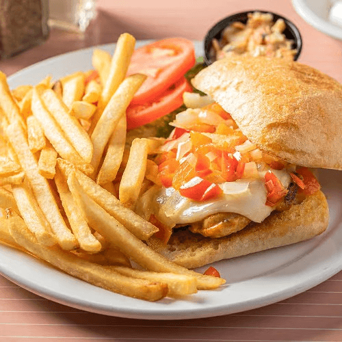 Taylor Street Chicken Breast Sandwich, grilled onions & peppers and Mozzarella Cheese