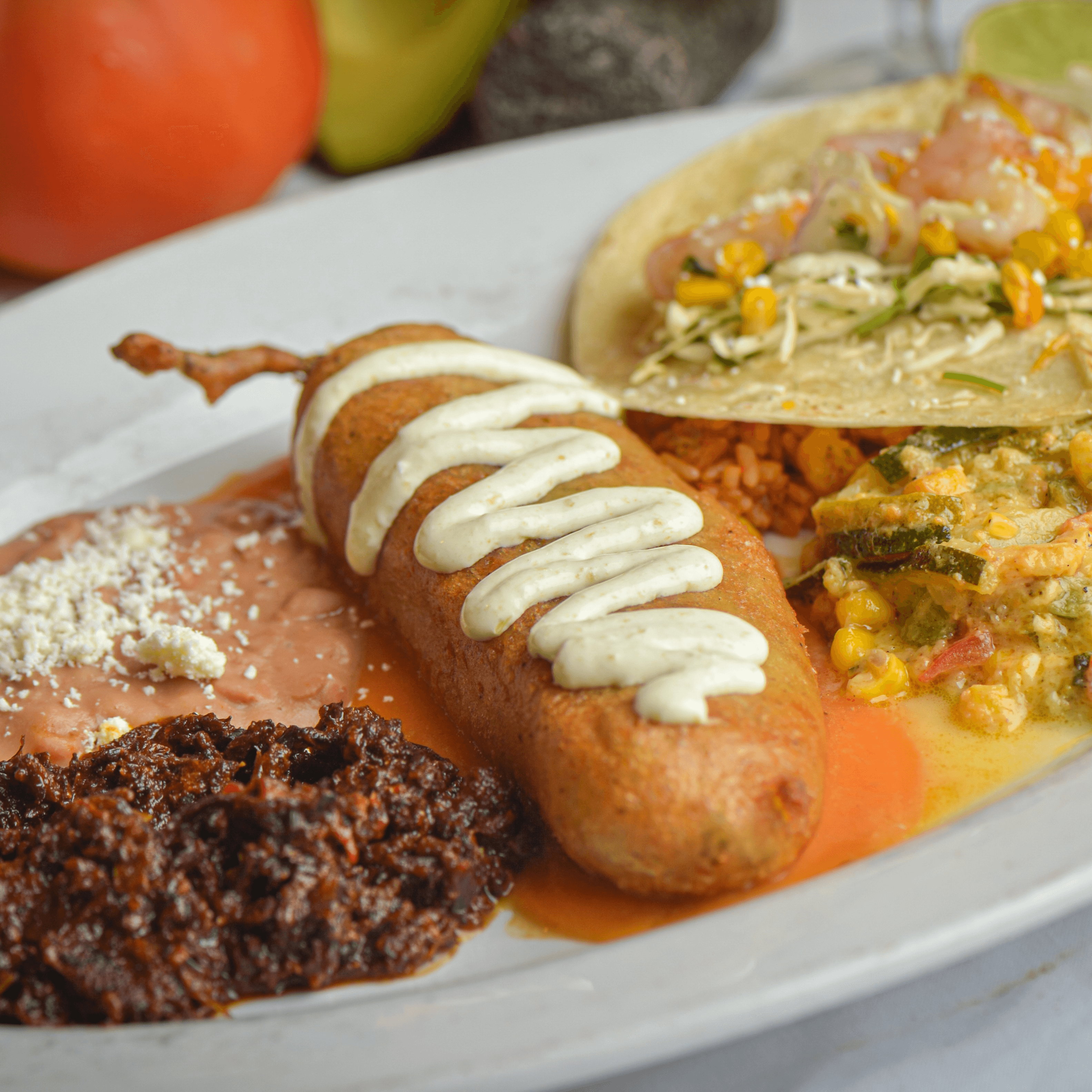 #1 Cheese Chile Relleno, Chili con Carne Roja, Garlic Shrimp Taco.