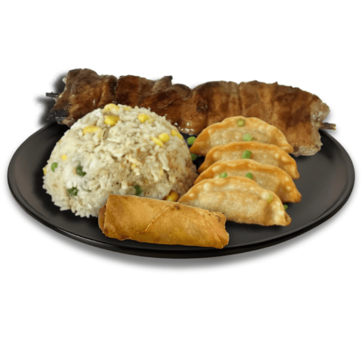 C4 - Fried rice, 4 Pieces dumplings, 1 Piece Lumpia & 1 Stick BBQ Skewer (Pork or Chicken).