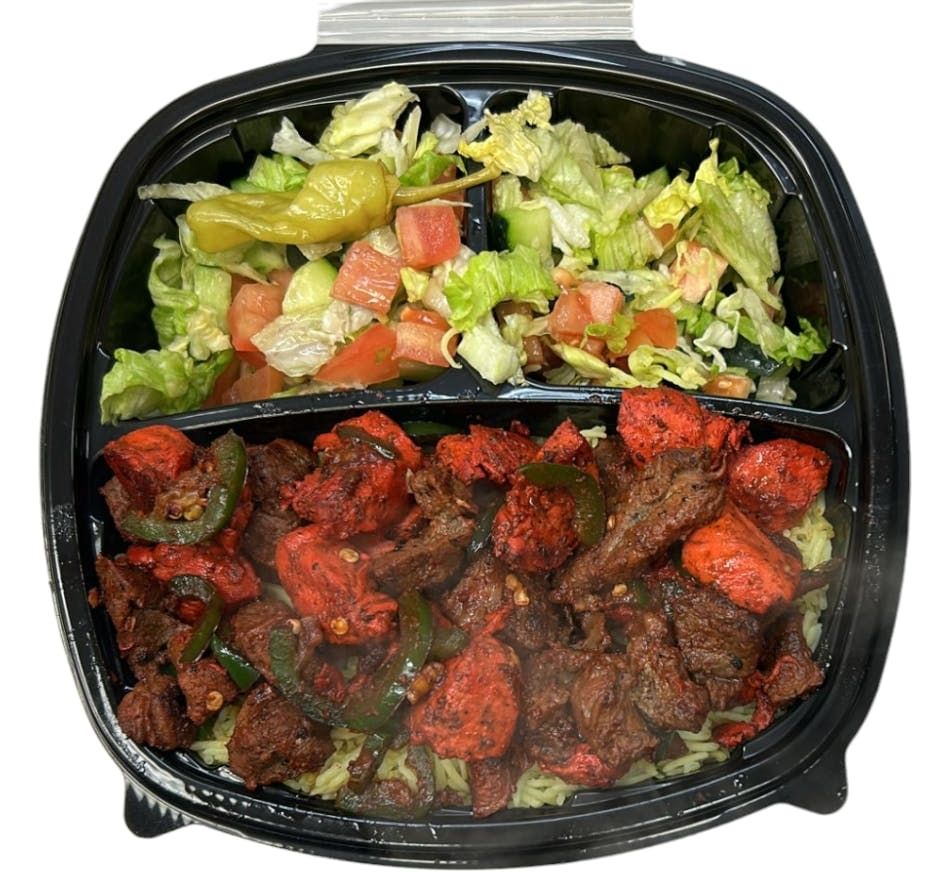 Halal Super Spicy Grilled Lamb and Chicken on Rice with Jalapeno & Salad with Soda.