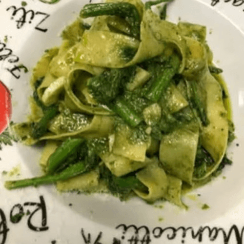 Pappardelle Pesto with Broccoli Rabe Oil and Garlic.