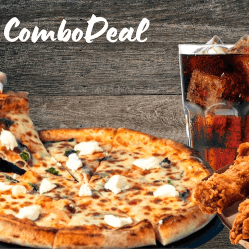 1 Medium 2 Topping Pizza, 10 Pieces Wings, 2 Liter Soda.