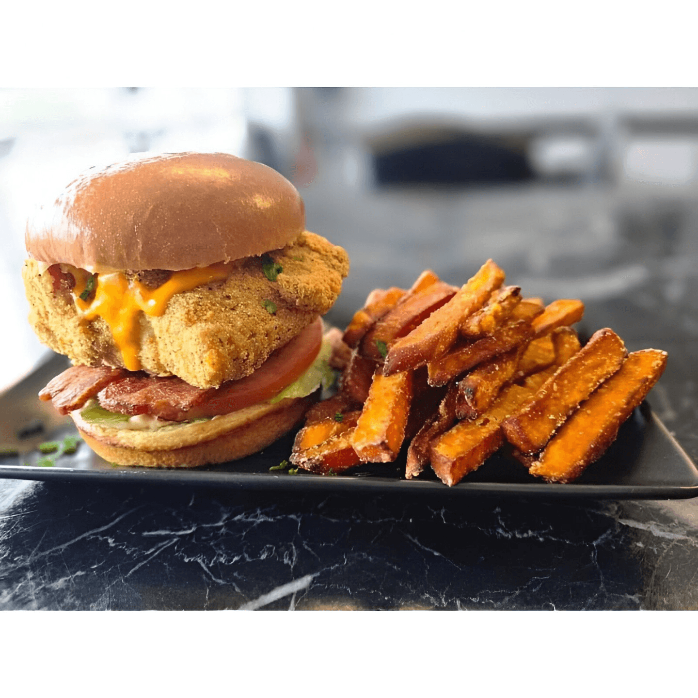 Salmon BLT with Sweet Potato Fries	