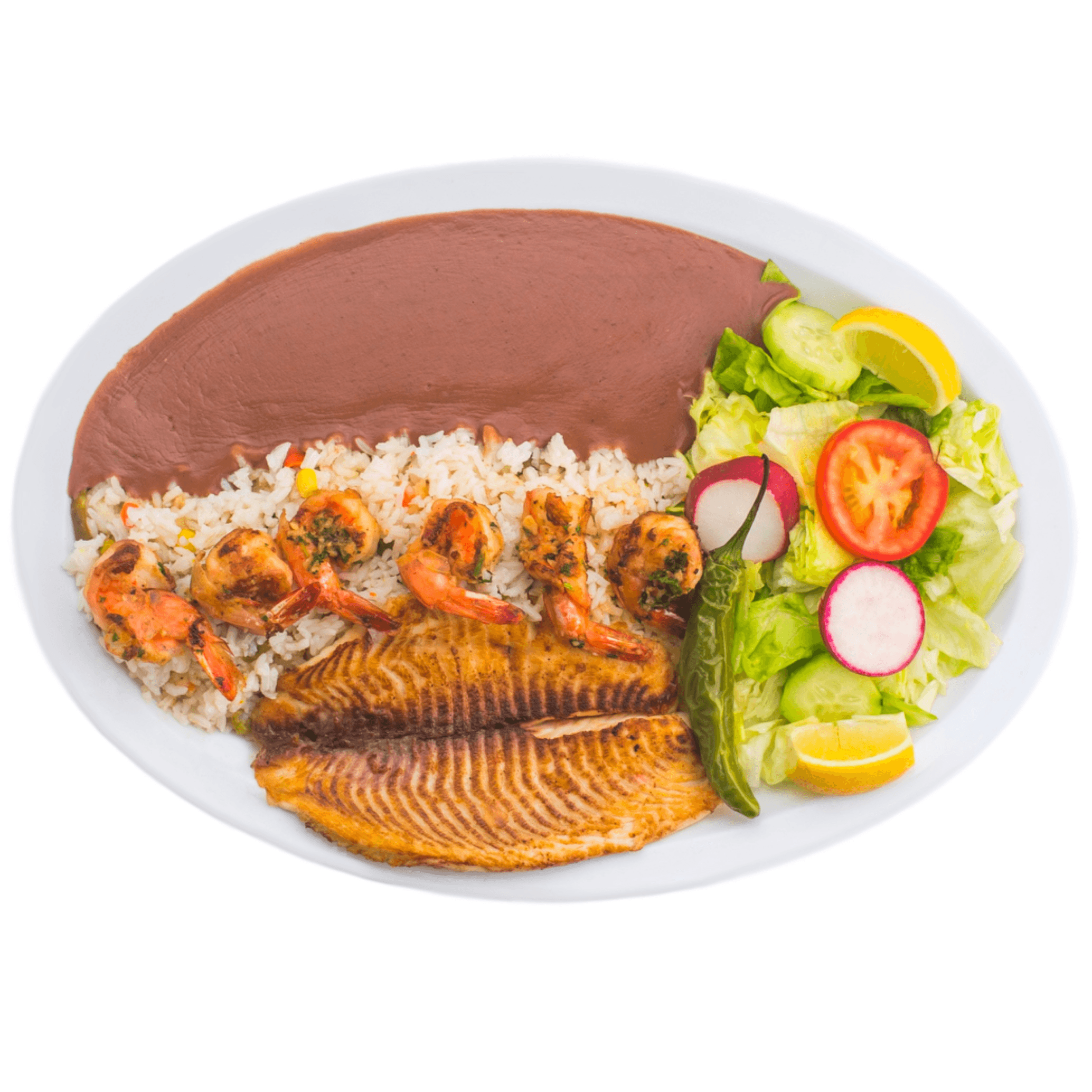 Filete De Pescado Y Camarones Al Mojo De Ajo.