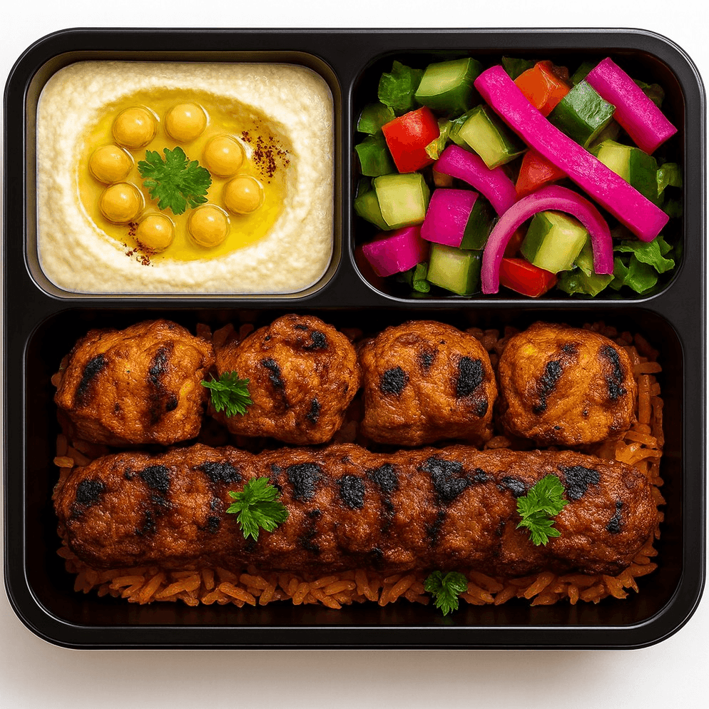 Half Egyptian Kofta Kabob / Half Chicken Kabob.