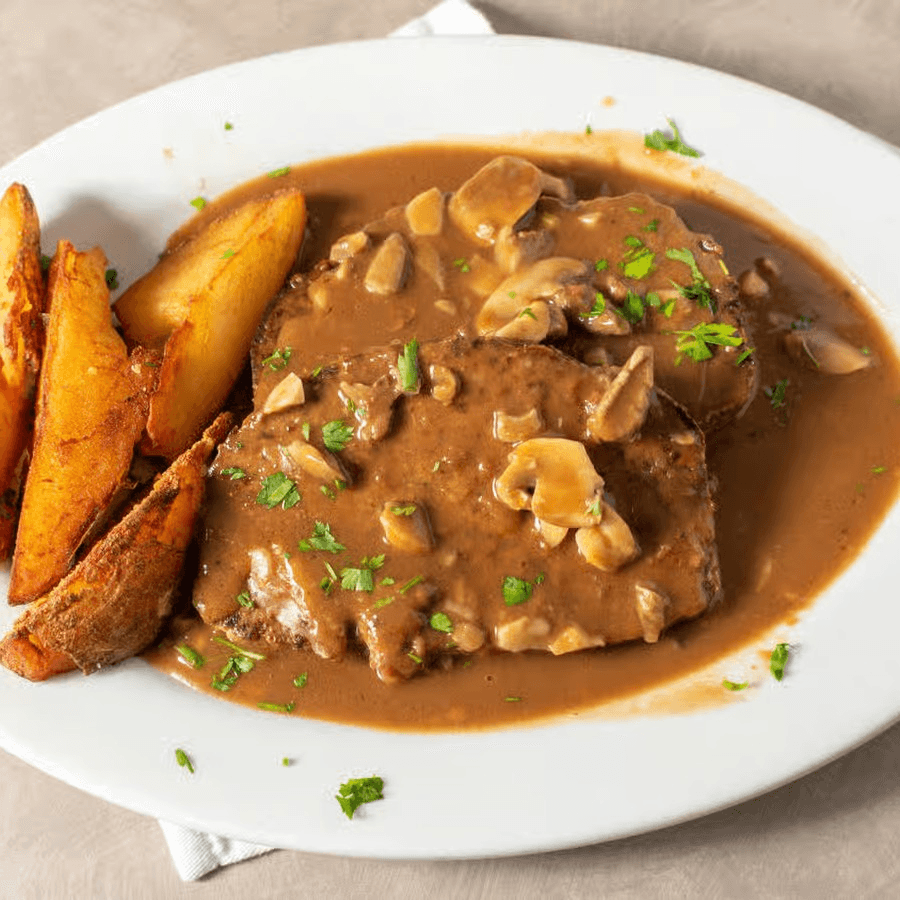 Baked Meatloaf, Mushroom & Onion Gravy.