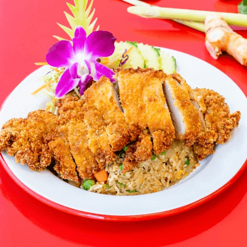 CRISPY CHICKEN WITH FRIED RICE.