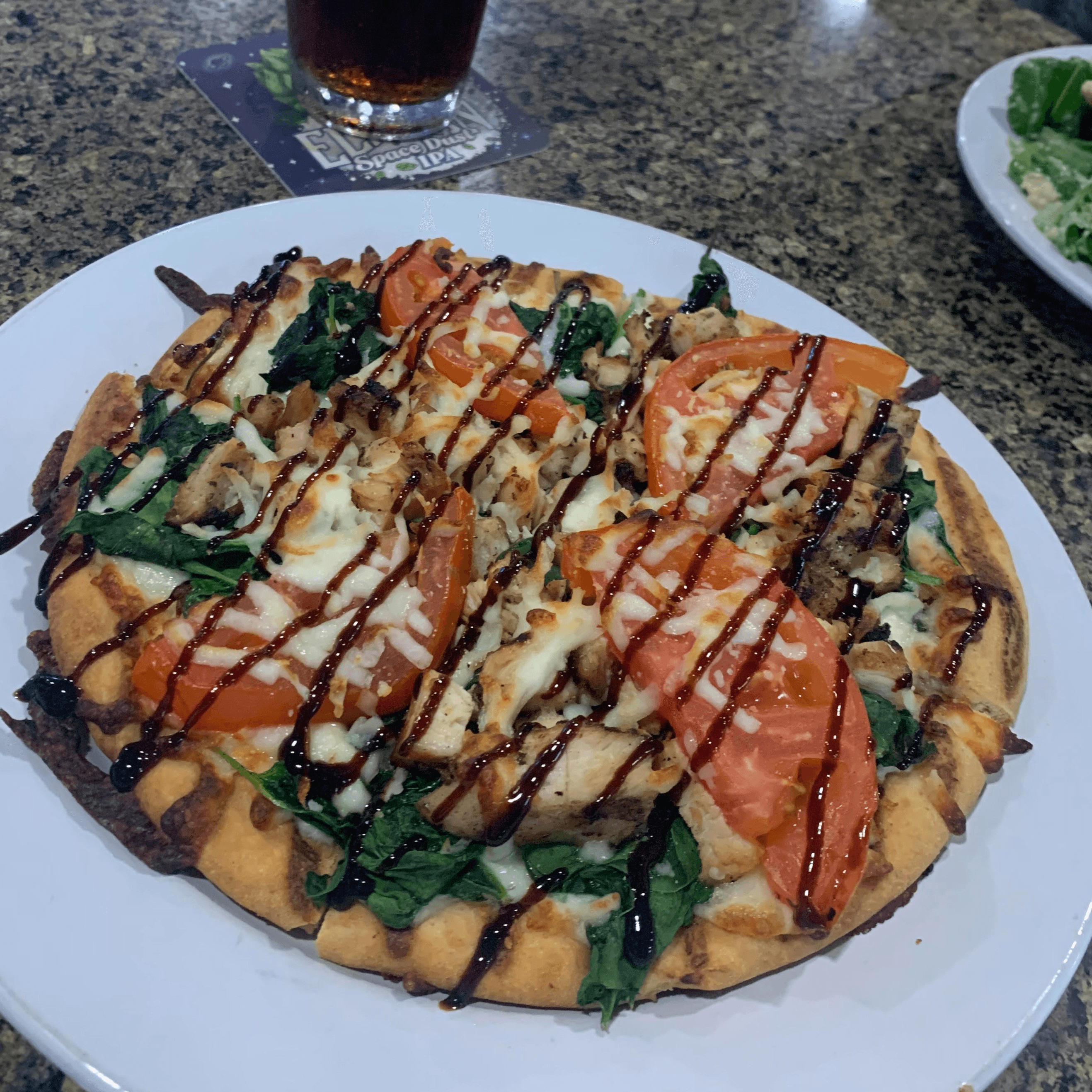 #3 Garlic Butter, Mozzarella, Chicken, Tomatoes, Spinach & Balsamic Glaze Flatbread Flatbread Pizza.