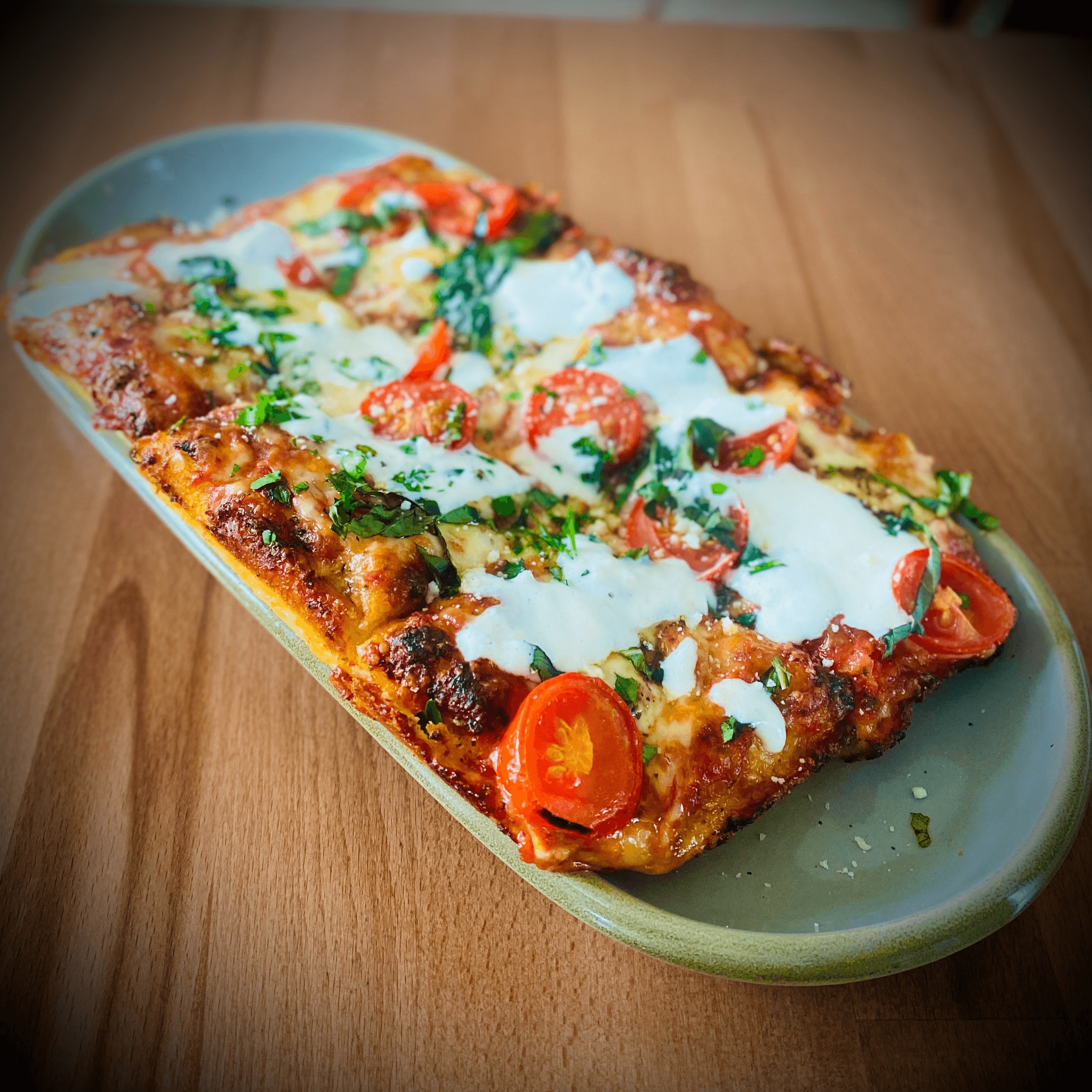 Tray of Margherita Pizza.