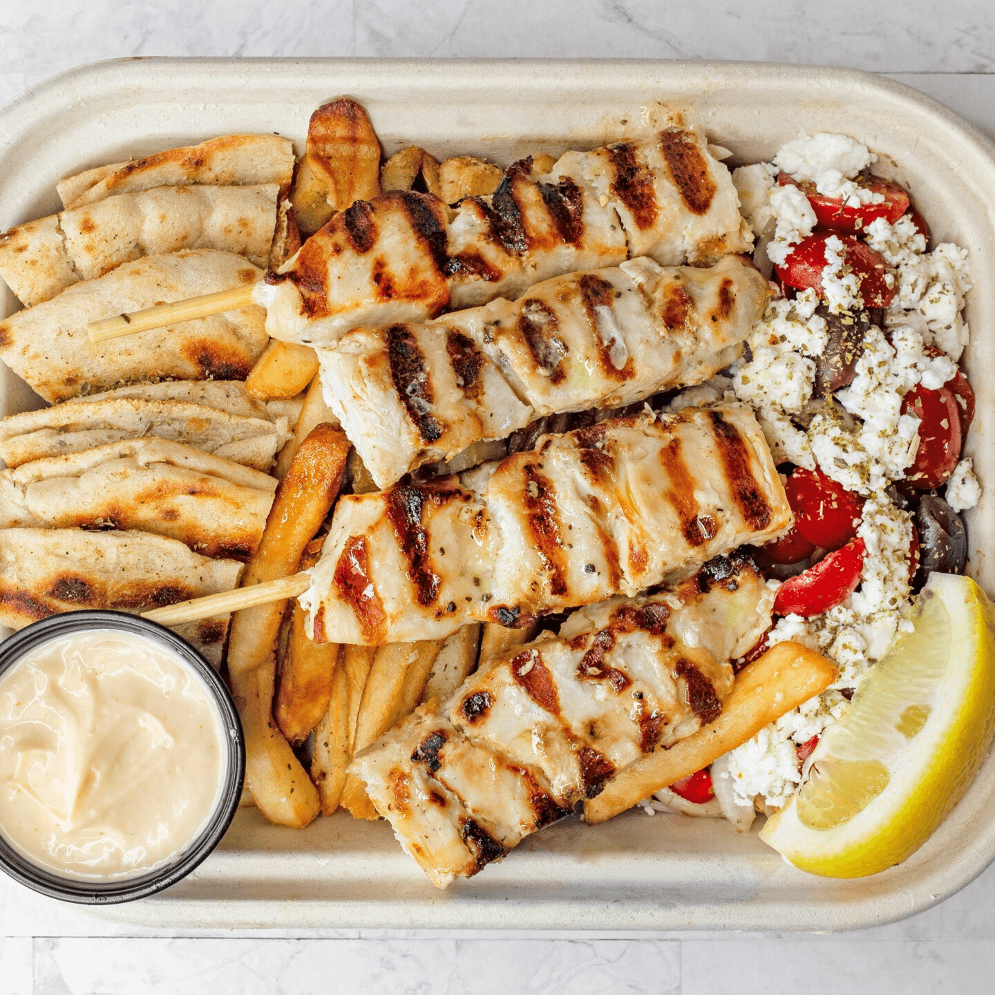 Chicken Souvlaki Platter.