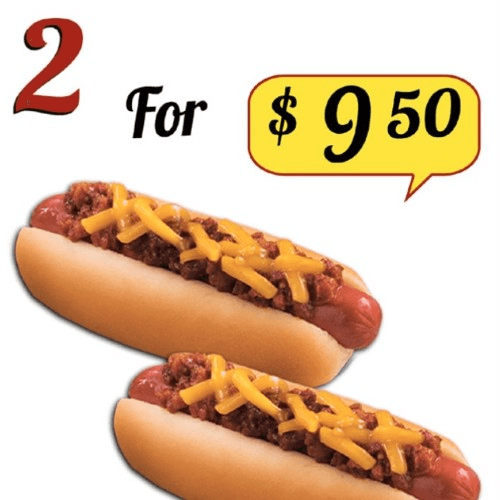 2 for $9.50 Chill Cheese Dogs 