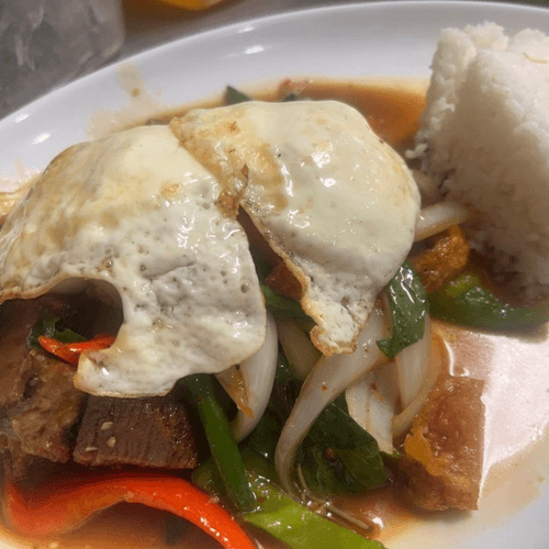 Crispy Pork Belly with Egg (Pad Gra Prow Moo Kob).