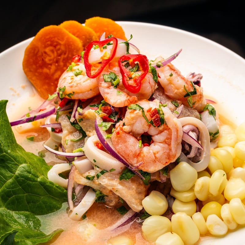 Ceviche mixto with sweet potato and corn