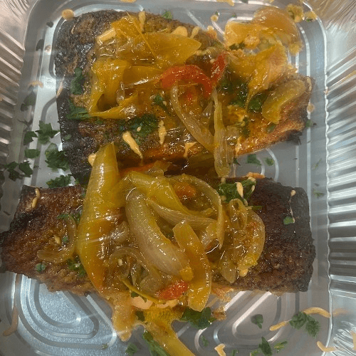 White Rice With Fried Salmon.