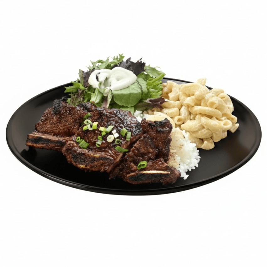 C12 - Beef Short Rib with Rice, Mac Salad and Mix Green Salad.