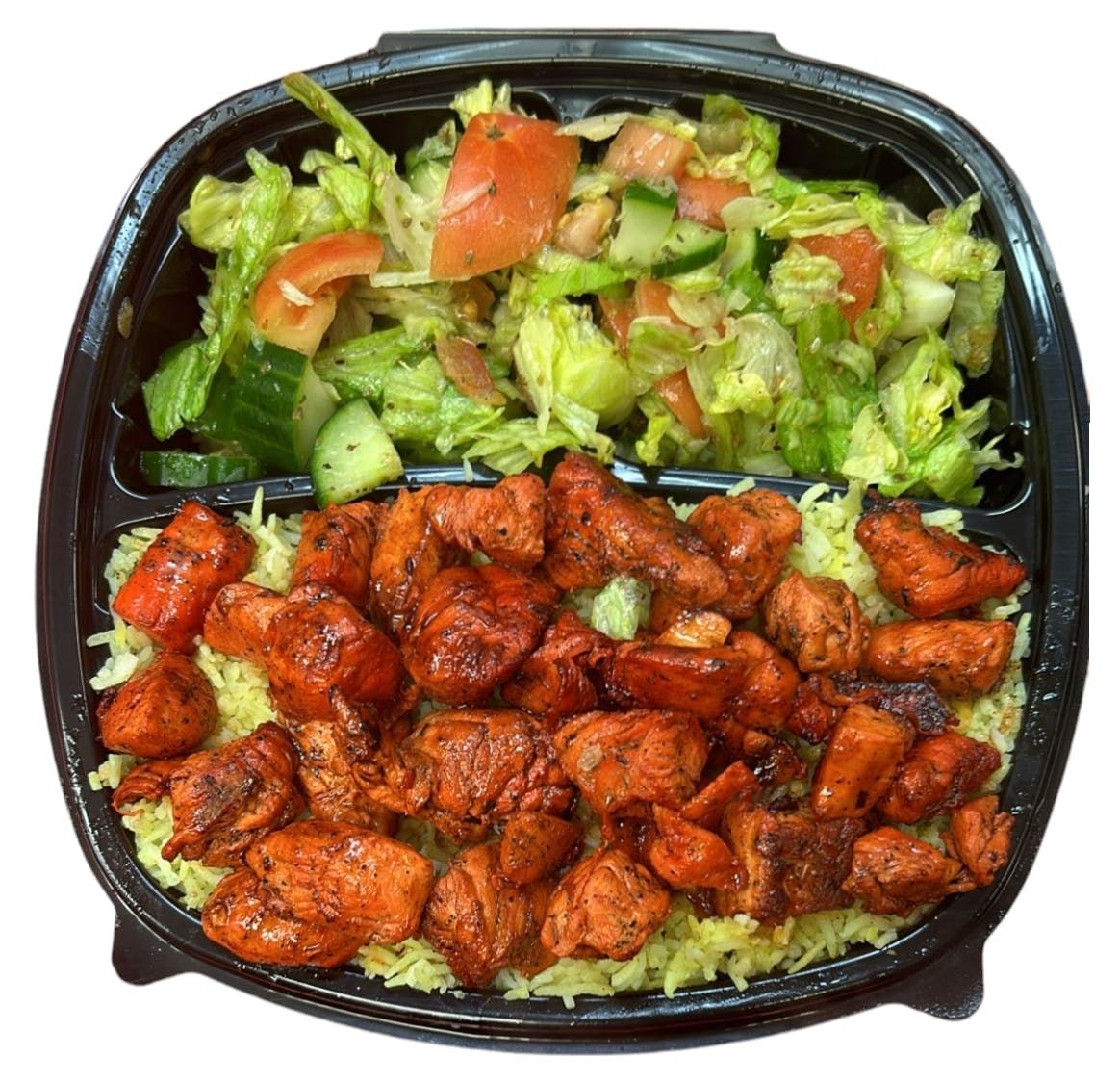 Halal Spicy Grilled Chicken on Rice & Salad with Soda.
