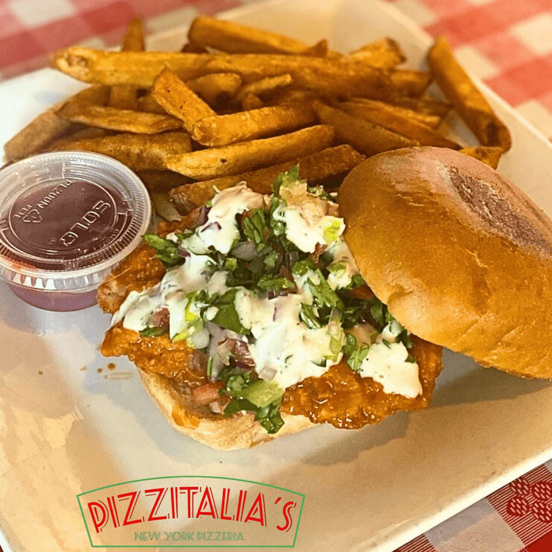 Buffalo Chicken Burger & Fries.