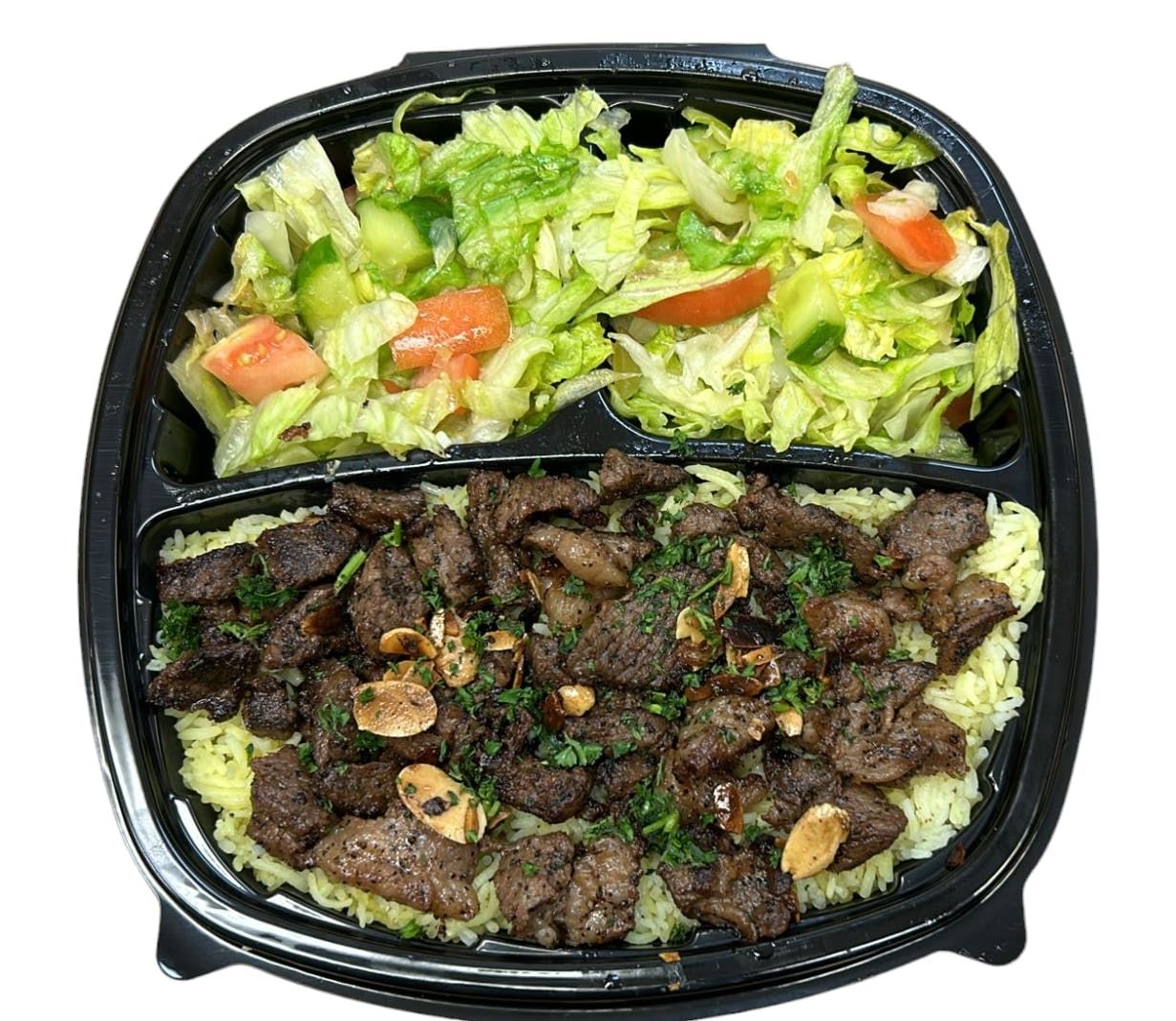 Halal Grilled Lamb on Rice & Salad with Soda.