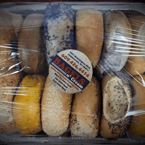 One Dozen Bagels Sliced/Wrapped in Tray.