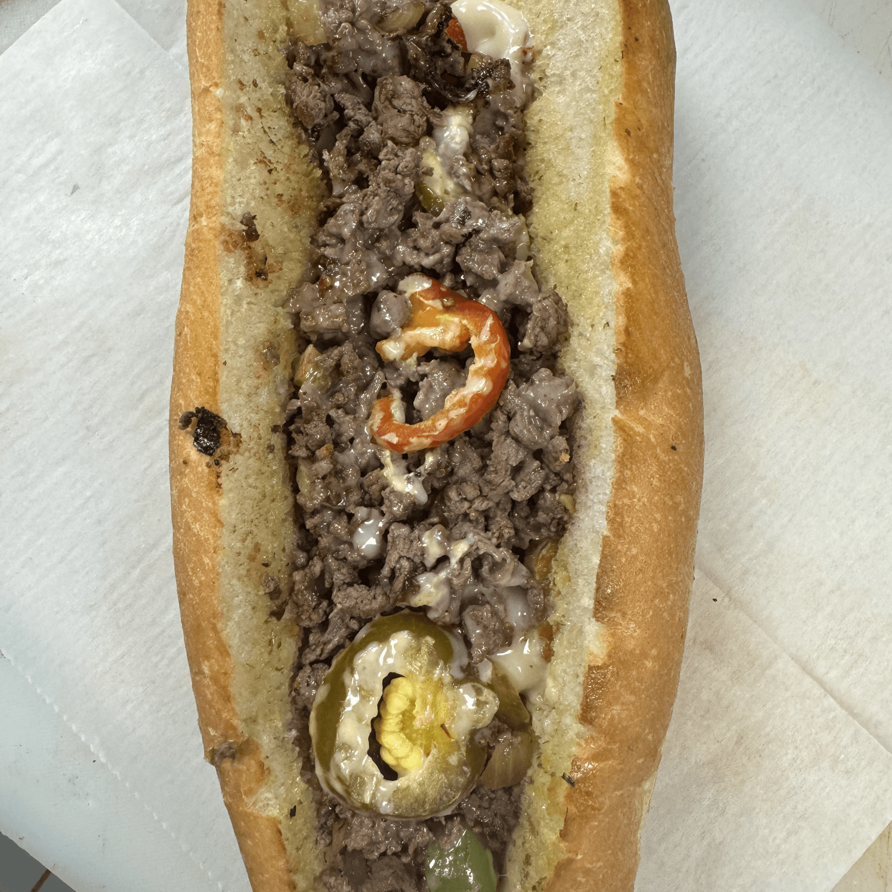 Spicy Garlic Cheese Steak Sandwich.