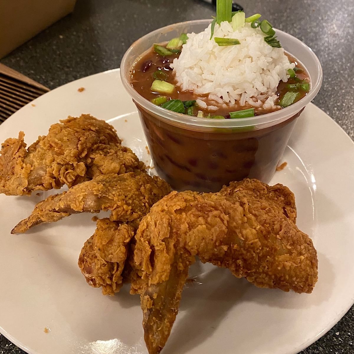3 Wings and Cup of Red Beans & Rice.
