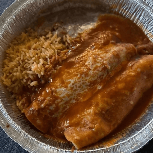 29. Two Beef Enchiladas, One Beef Taco, Rice & Beans.