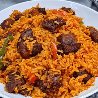 Nigerian Jollof Rice with goat meats.