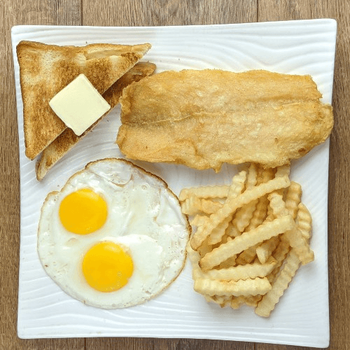 Fried Fish, 2 Eggs, French Fries and Toast