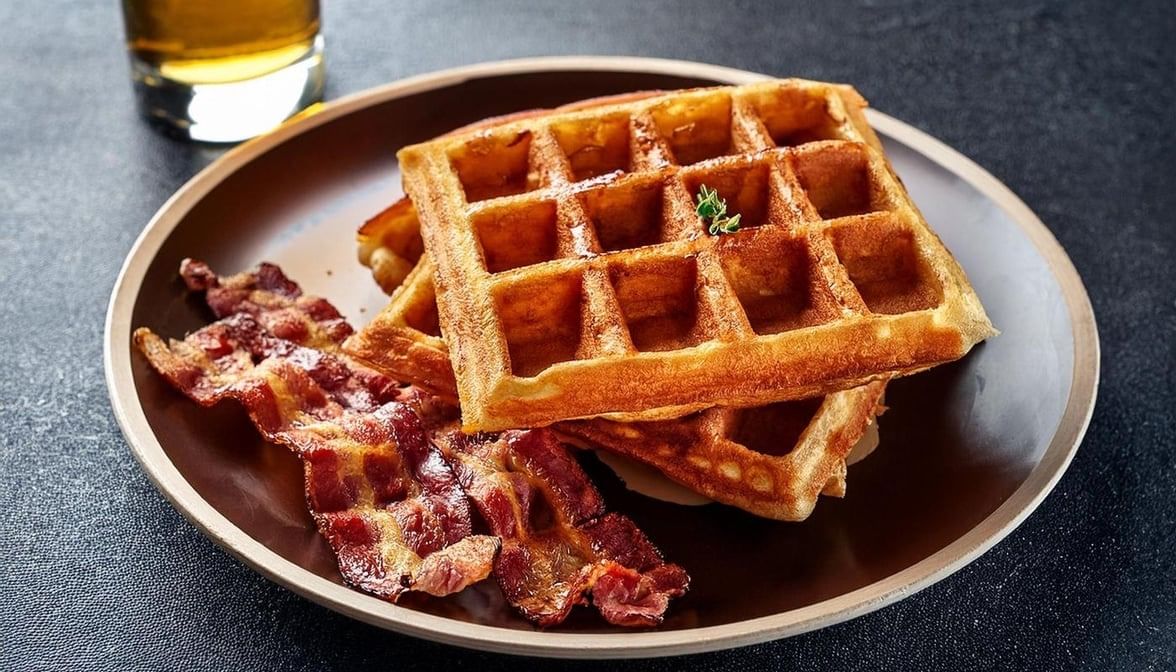 Golden Brown Belgian Waffles with Meat.