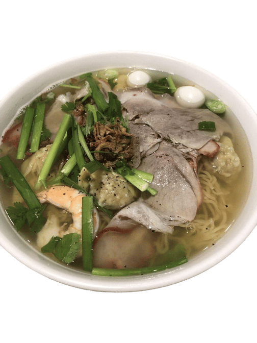 35. Pork, Shrimp, Scallops, Crab, Fish Meatballs, Squid & Quail Eggs Noodle Soup (Hu Tieu Tuoi DB).