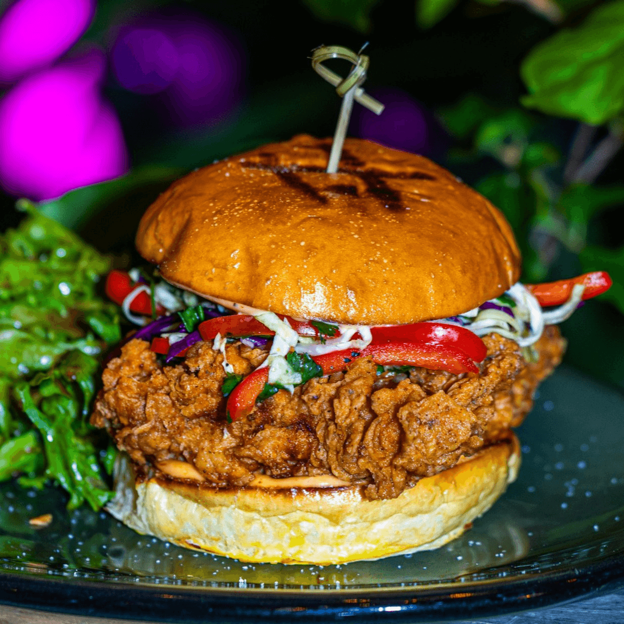 Fried Organic Chicken Sandwich  with mixed greens salad.