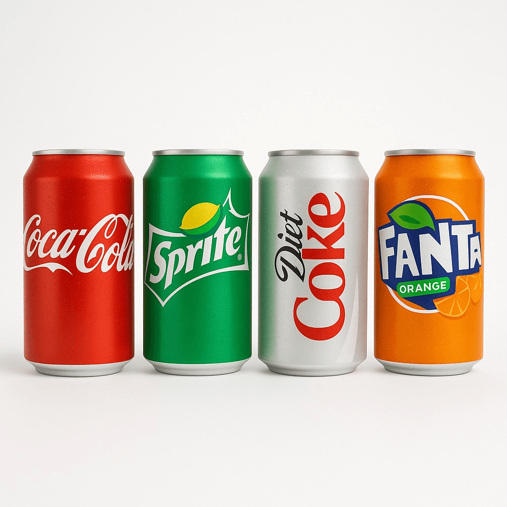 Assorted canned sodas.