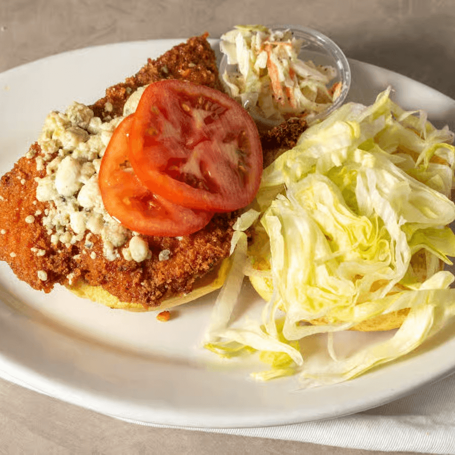 Fried Chicken Cutlet Sandwich, Coleslaw, Pickle, Mayo, Fries.