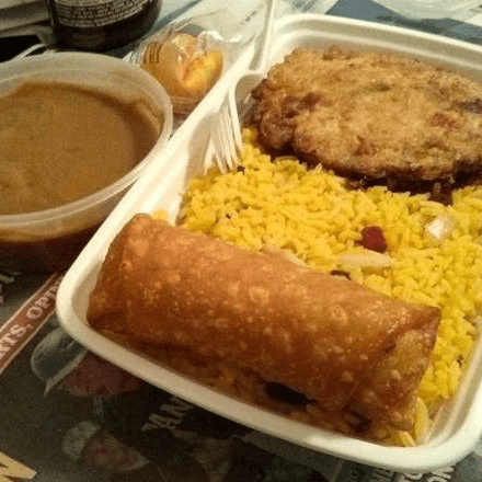 Roast pork egg foo young combination platter.