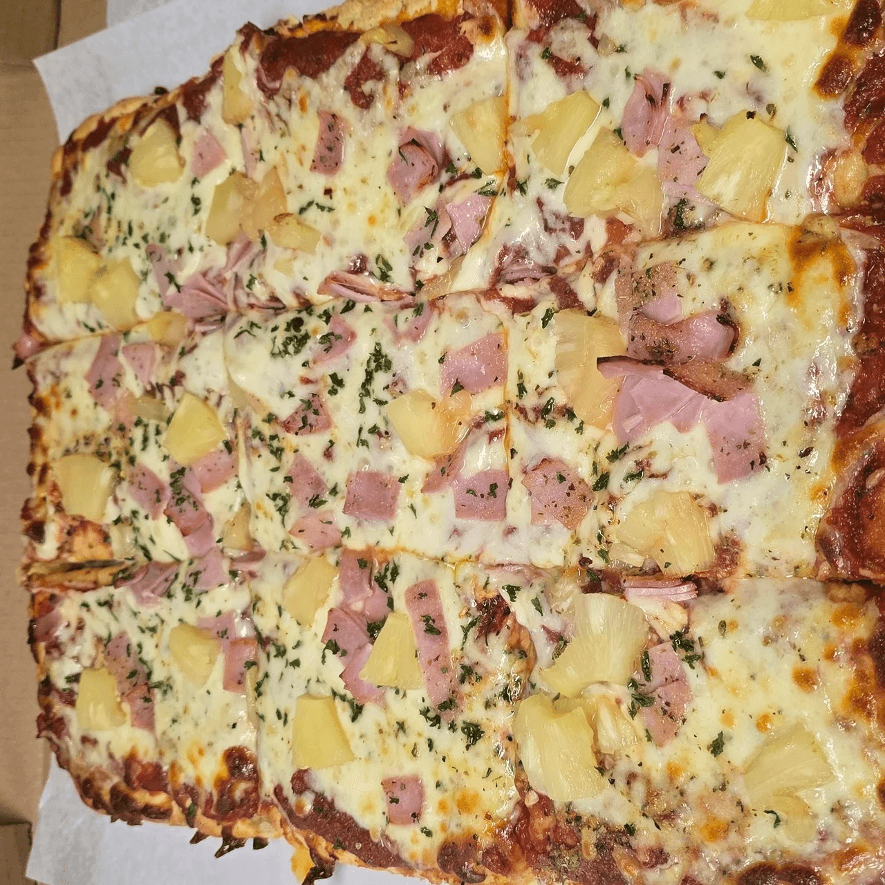 The Aloha (Hawaiian) Sicilian Pizza.