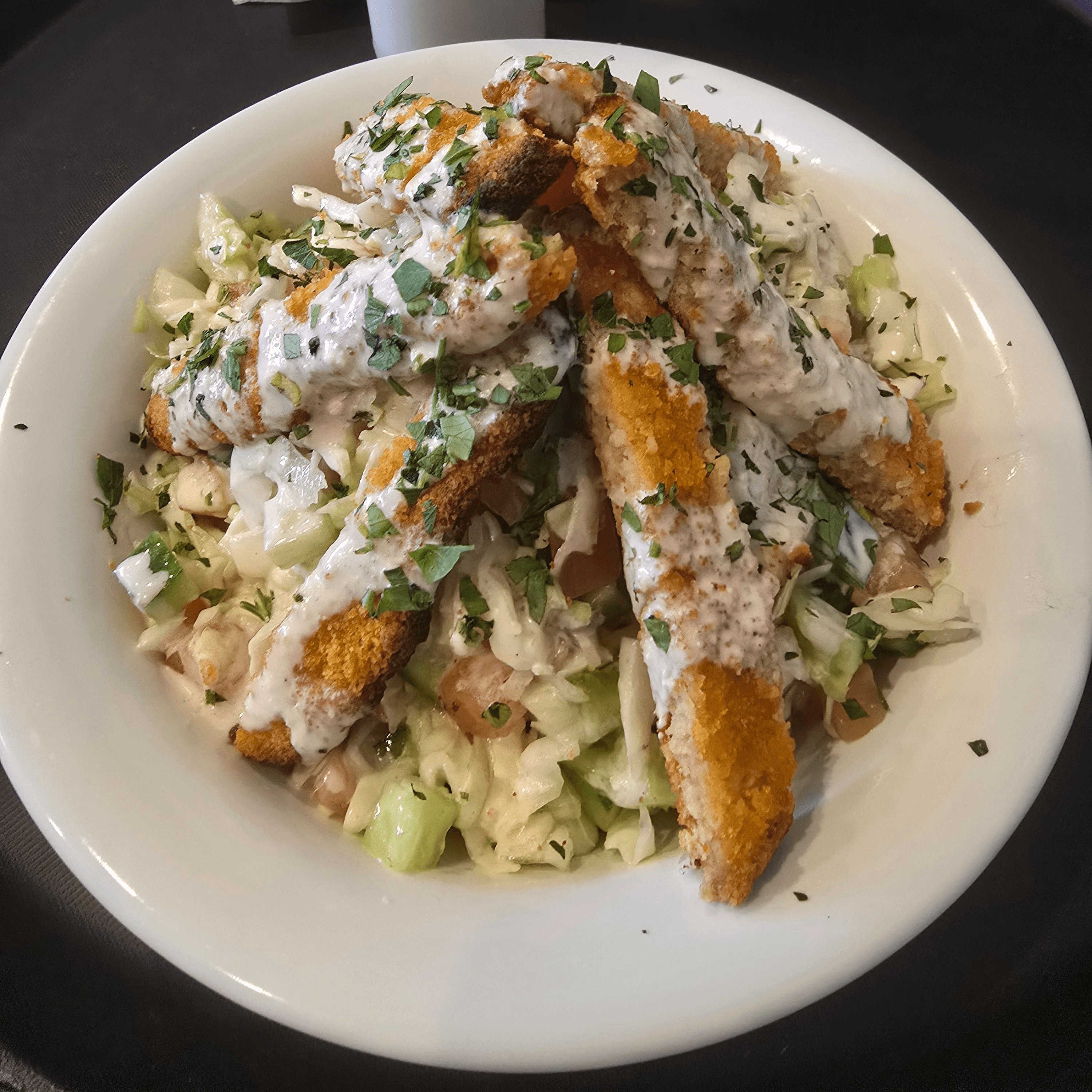 Vegan shnitzel salad.
