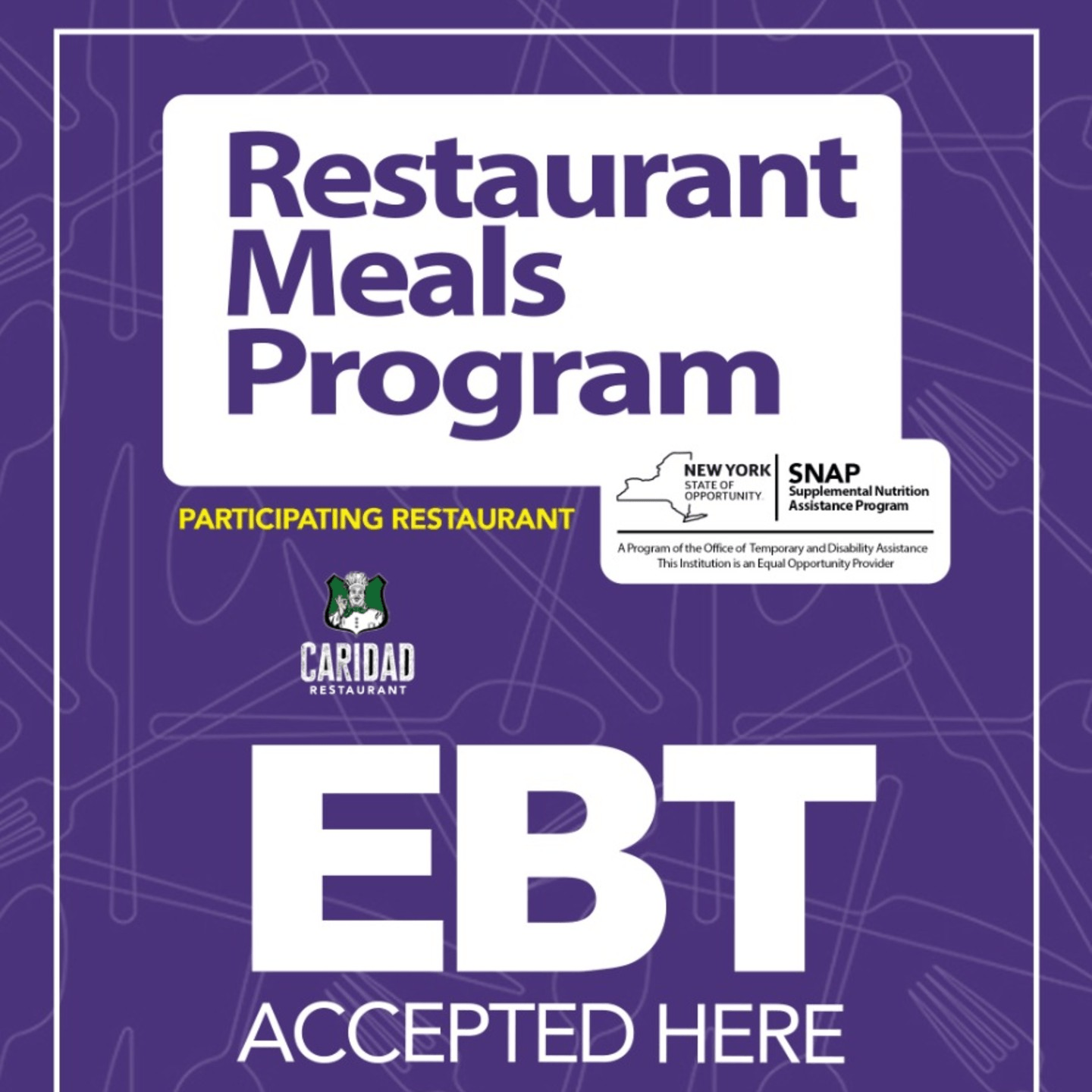 EBT Accepted. We are a NYC RMP certifed Restaurant
