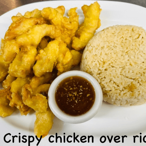 Crispy Chicken Over Rice.