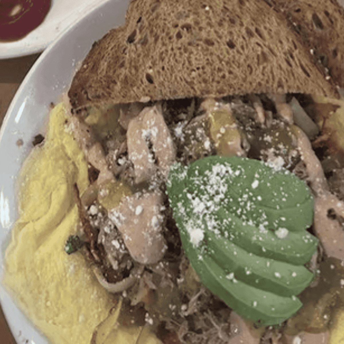 Open Faced Carnitas Omelet.