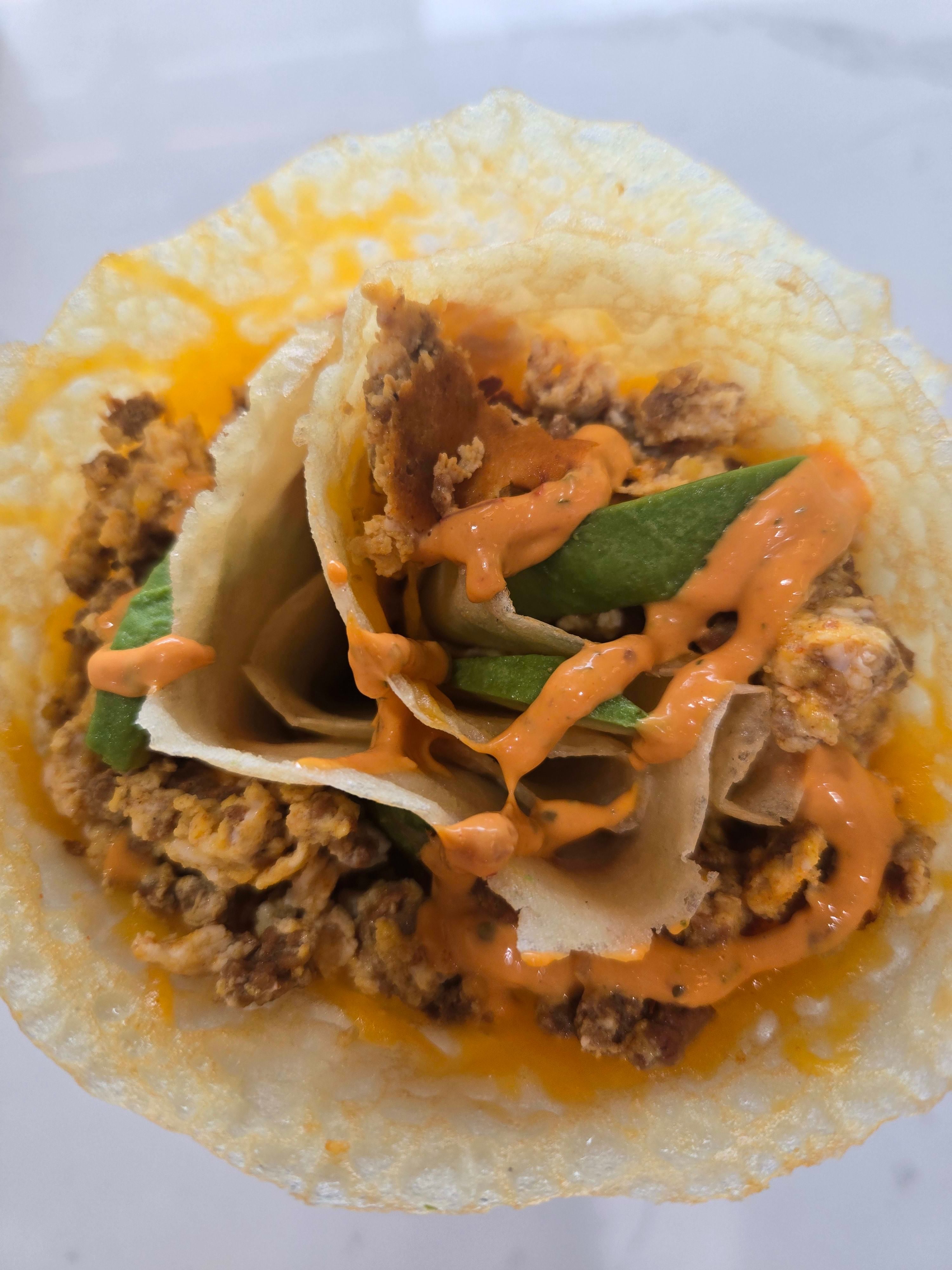 Eggs, Chorizo & Avocado Crepe.