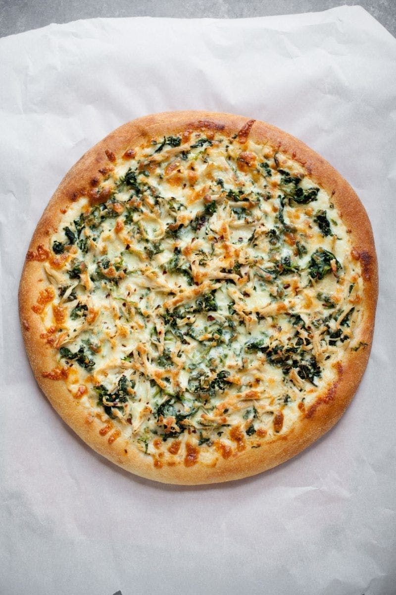 Spinach, Feta Cheese, Alfredo Pizza.