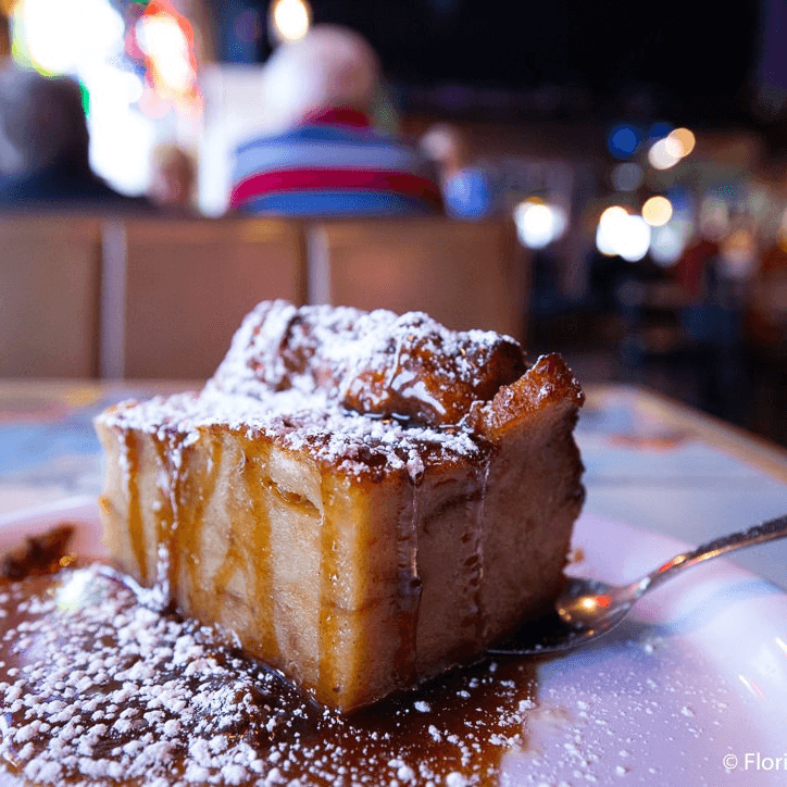 Bread pudding with rum sauce.