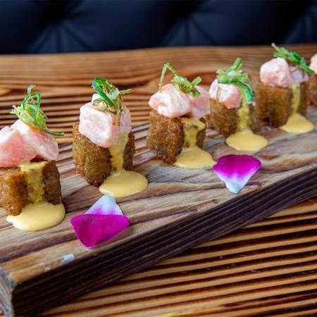 Crispy Cilantro Rice Con Salmon.