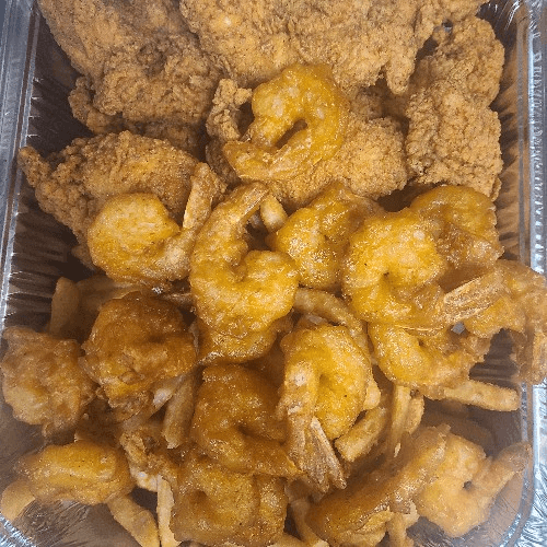 5 Pieces Tenders, 10 Large Shrimp with French Fries & Pop.